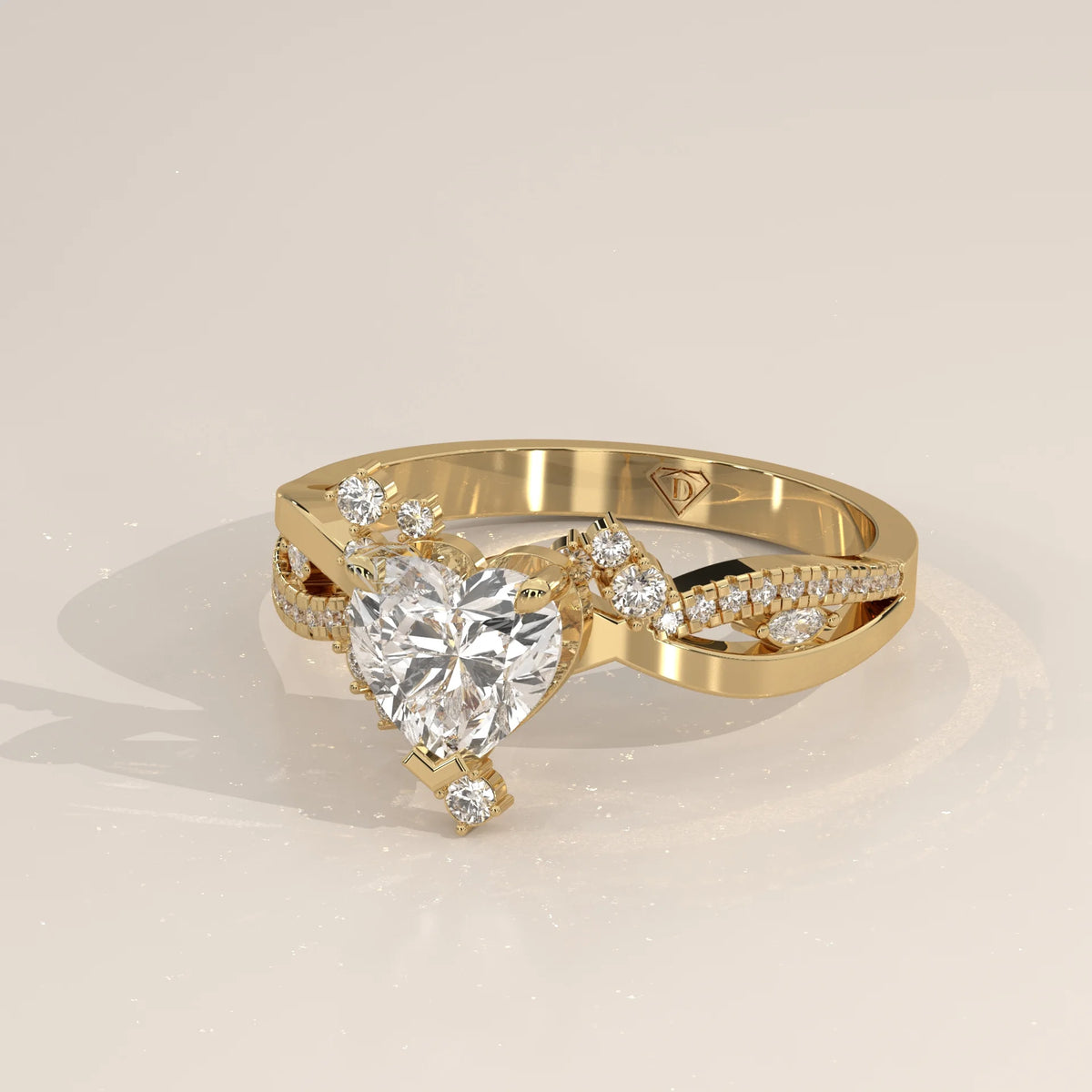 A classic yellow gold ring with a heart-shaped diamond and accent stones.