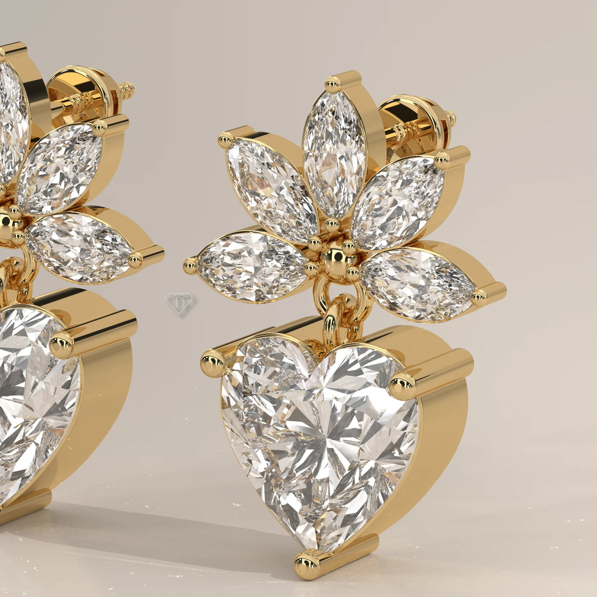 Heart Drop Lab Grown Diamond Earrings with Marquise Fan Crown in yellow gold, shown on a plain background.