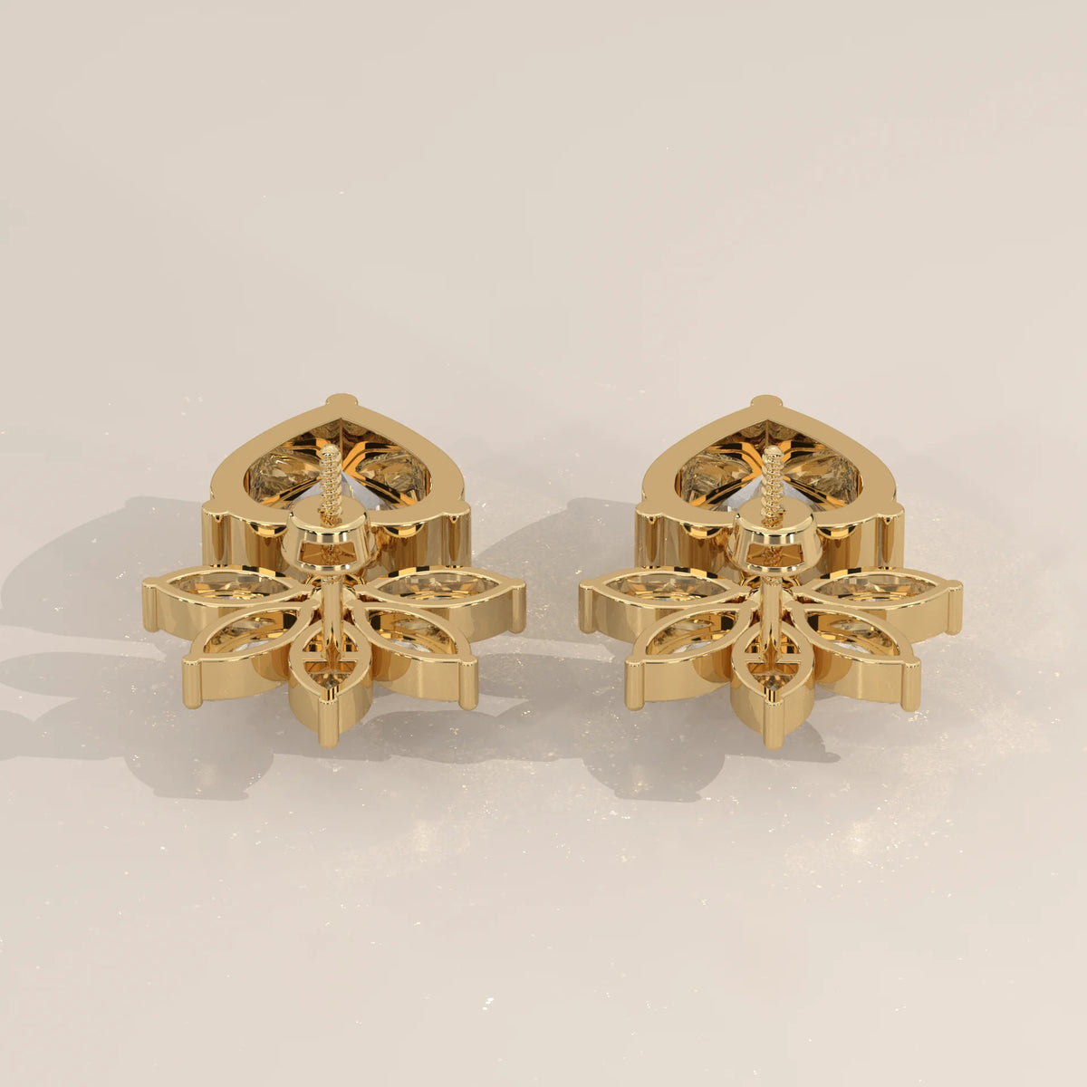 Heart Drop Lab Grown Diamond Earrings with Marquise Fan Crown in yellow gold, product photograph on a plain background.