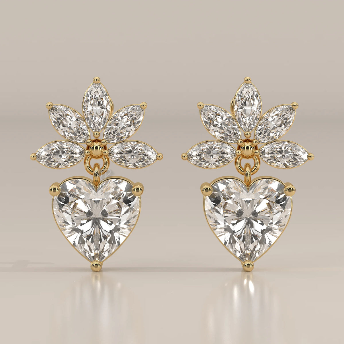 Heart Drop Lab Grown Diamond Earrings with Marquise Fan Crown in yellow gold, shown from the front.