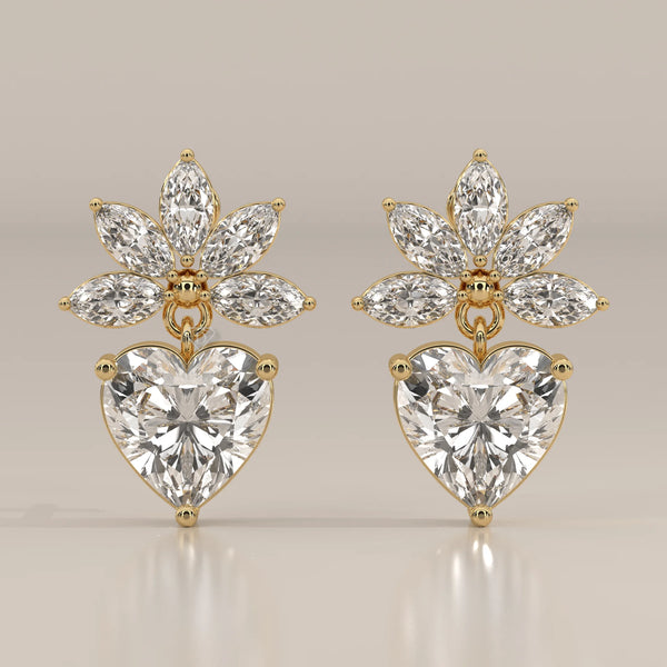 Heart Drop Lab Grown Diamond Earrings with Marquise Fan Crown in yellow gold, shown from the front.
