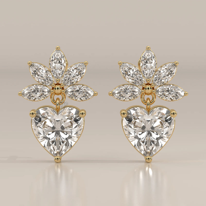 Heart Drop Lab Grown Diamond Earrings with Marquise Fan Crown in yellow gold, shown from the front.