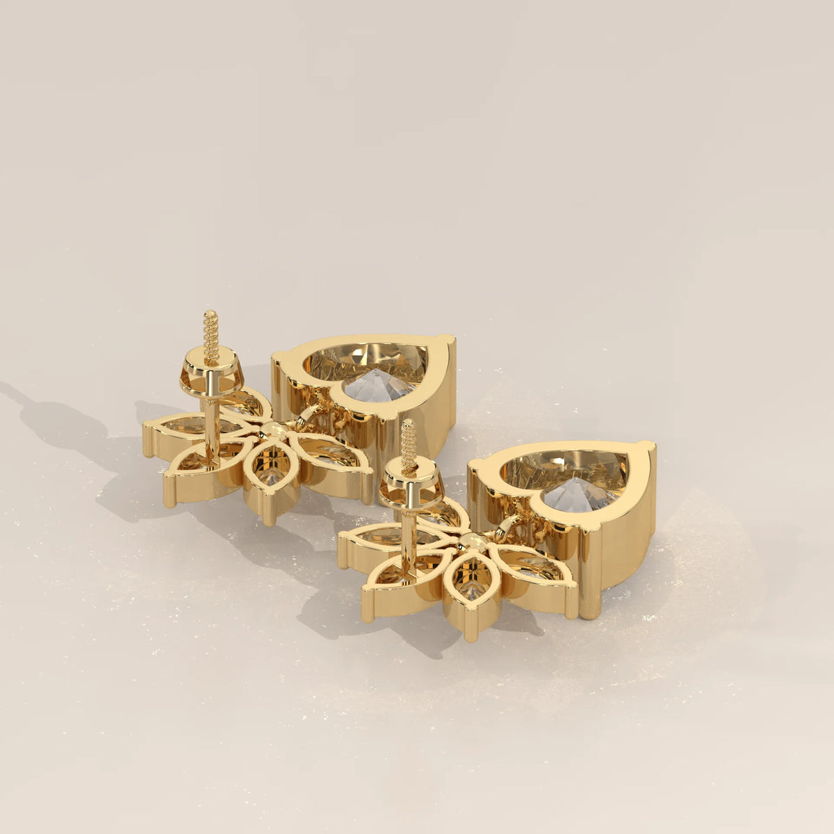 Heart Drop Lab Grown Diamond Earrings with Marquise Fan Crown in yellow gold, shown from the side.