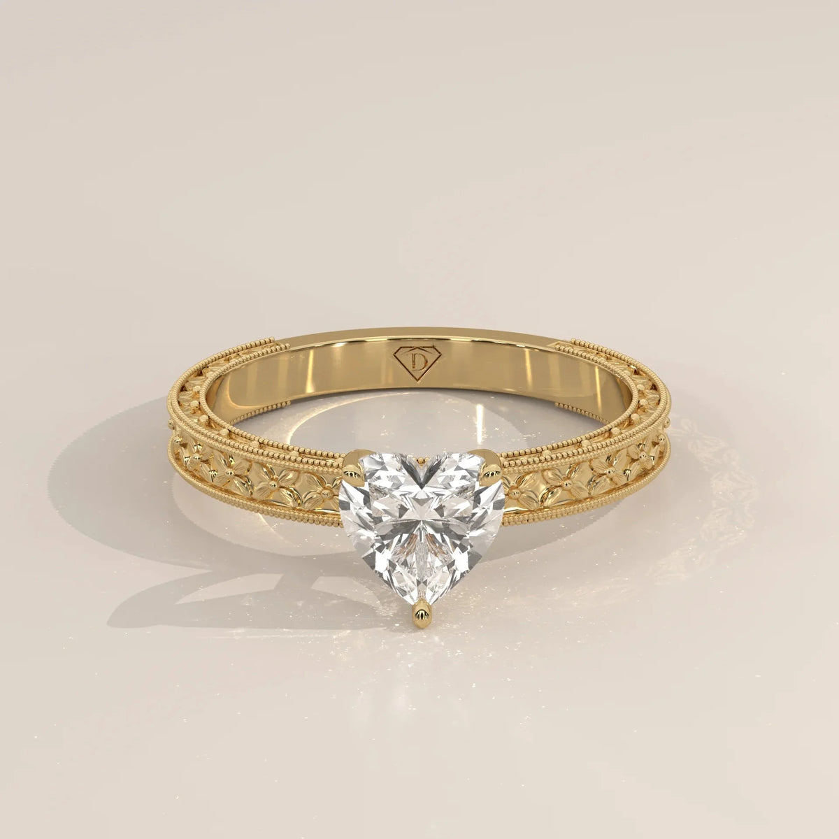 Front View: Heart Diamond Ring with Solitaire Setting in Yellow Gold – Lab Grown – Driona Jewels