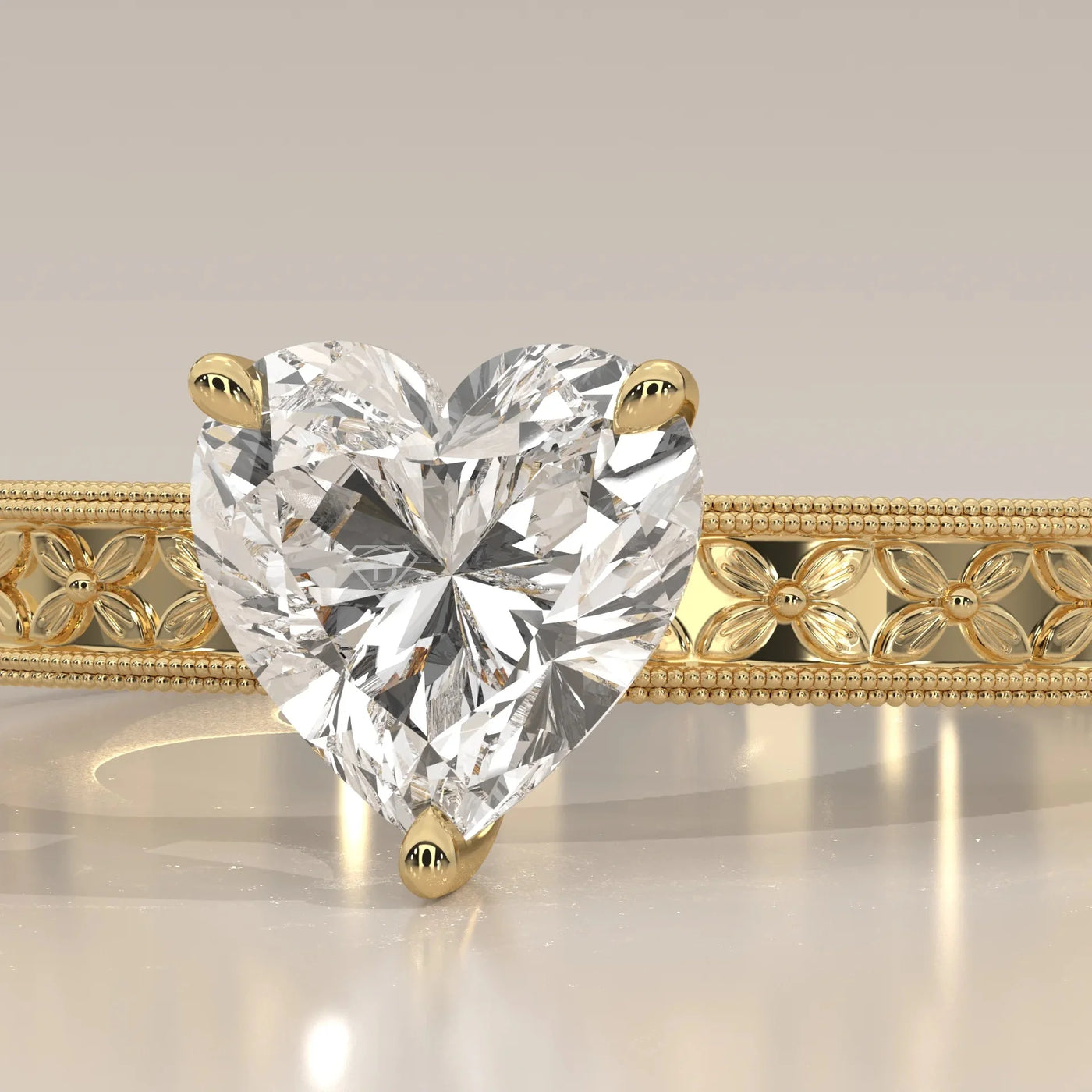 Front View: Heart Diamond Ring with Solitaire Setting in Yellow Gold – Lab Grown – Driona Jewels