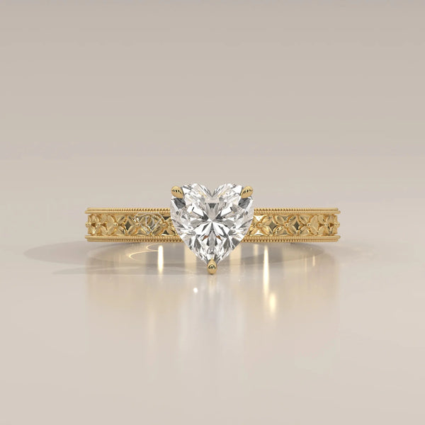 Front View: Heart Diamond Ring with Solitaire Setting in Yellow Gold – Lab Grown – Driona Jewels