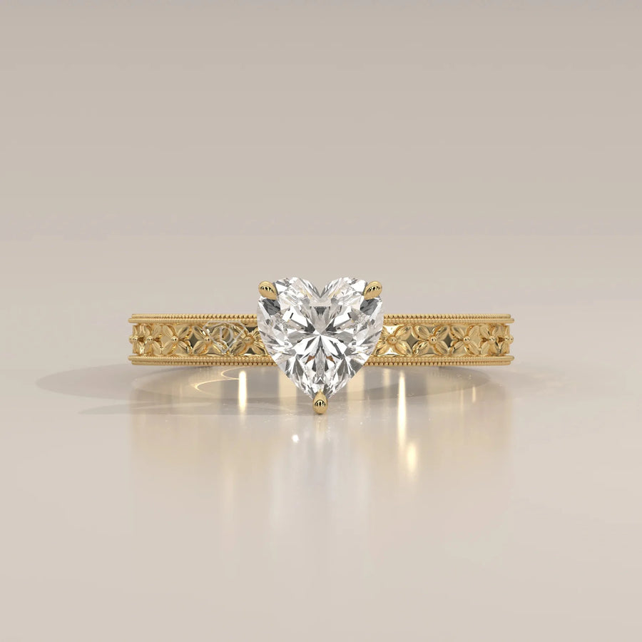 Front View: Heart Diamond Ring with Solitaire Setting in Yellow Gold – Lab Grown – Driona Jewels