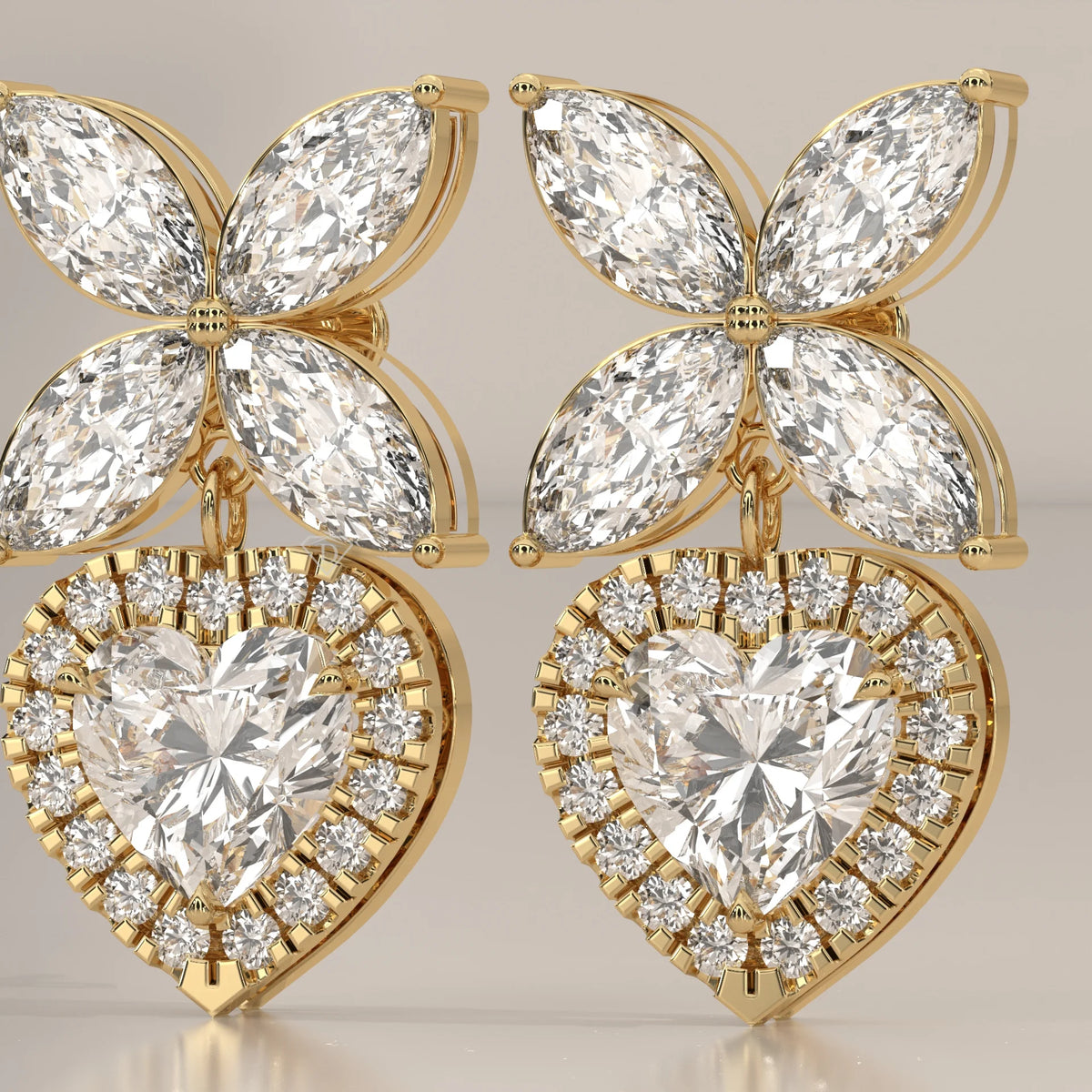 Heart Halo Lab Grown Diamond Drops with Marquise Butterfly Top in yellow gold, front view on a plain background.