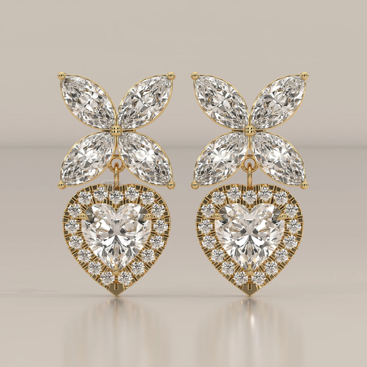 Heart Halo Lab Grown Diamond Drops with Marquise Butterfly Top in yellow gold, shown from the front.