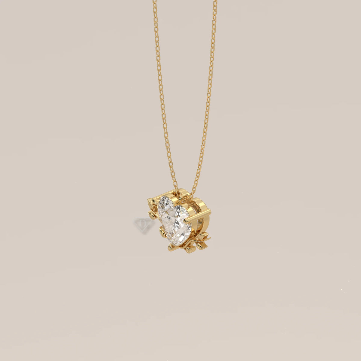 Heart Lab Grown Diamond Pendant with Leaf Vine Wreath in yellow gold, shown at an angle.