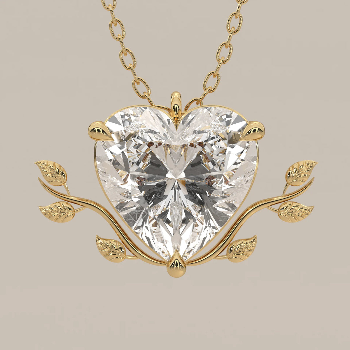 Heart Lab Grown Diamond Pendant with Leaf Vine Wreath in yellow gold, front view on a plain background.