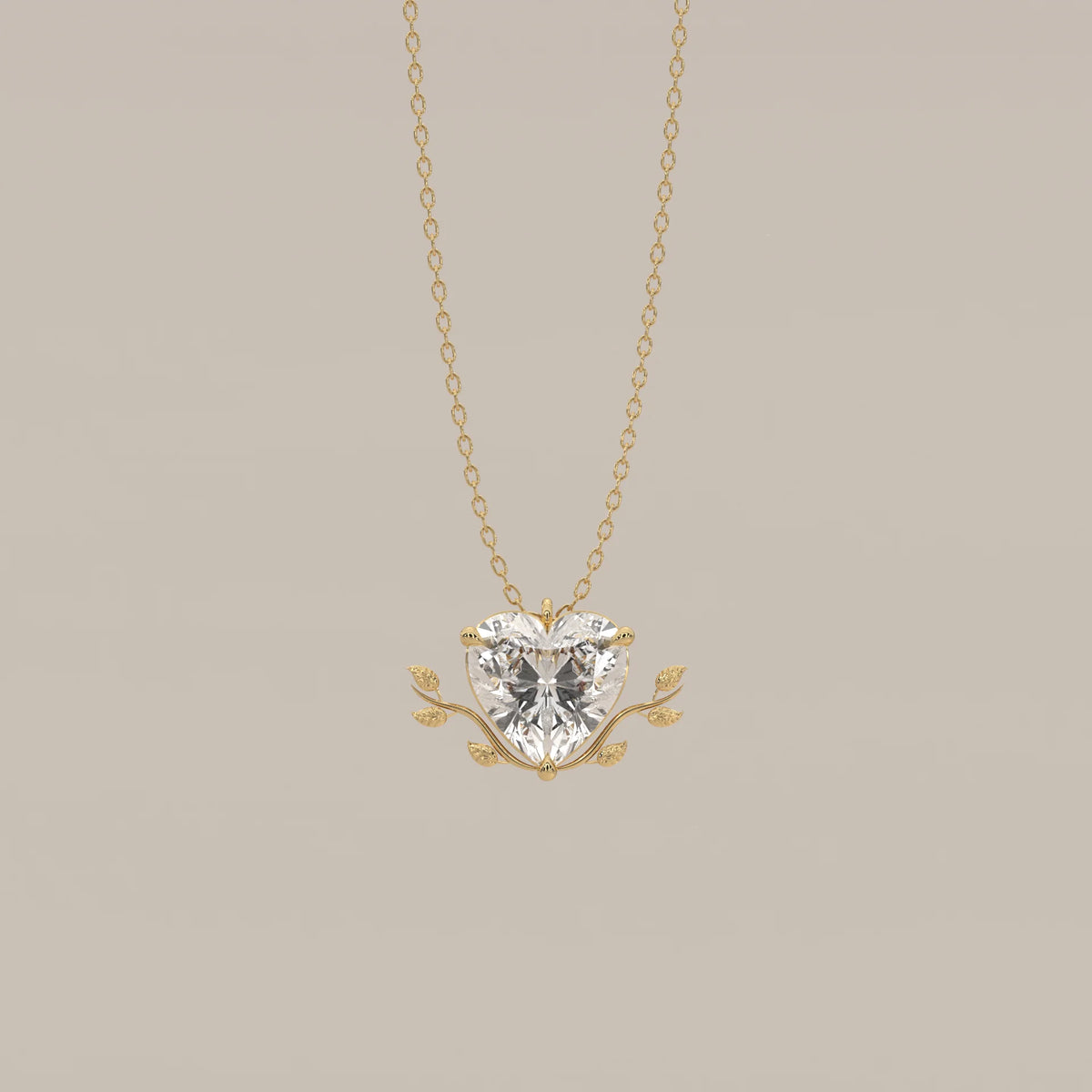 Heart Lab Grown Diamond Pendant with Leaf Vine Wreath in yellow gold, shown from the front.