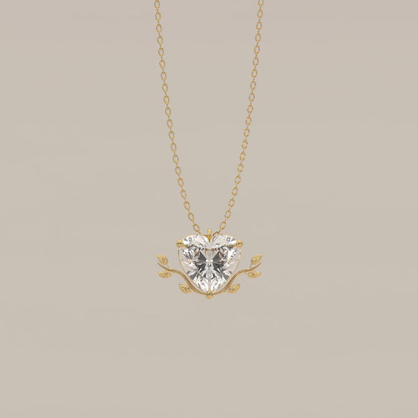 Heart Lab Grown Diamond Pendant with Leaf Vine Wreath in yellow gold, shown from the front.