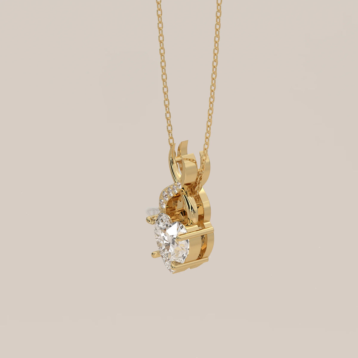 Heart Lab Grown Diamond Pendant with a Pave Twist Bail in yellow gold, shown from the side.