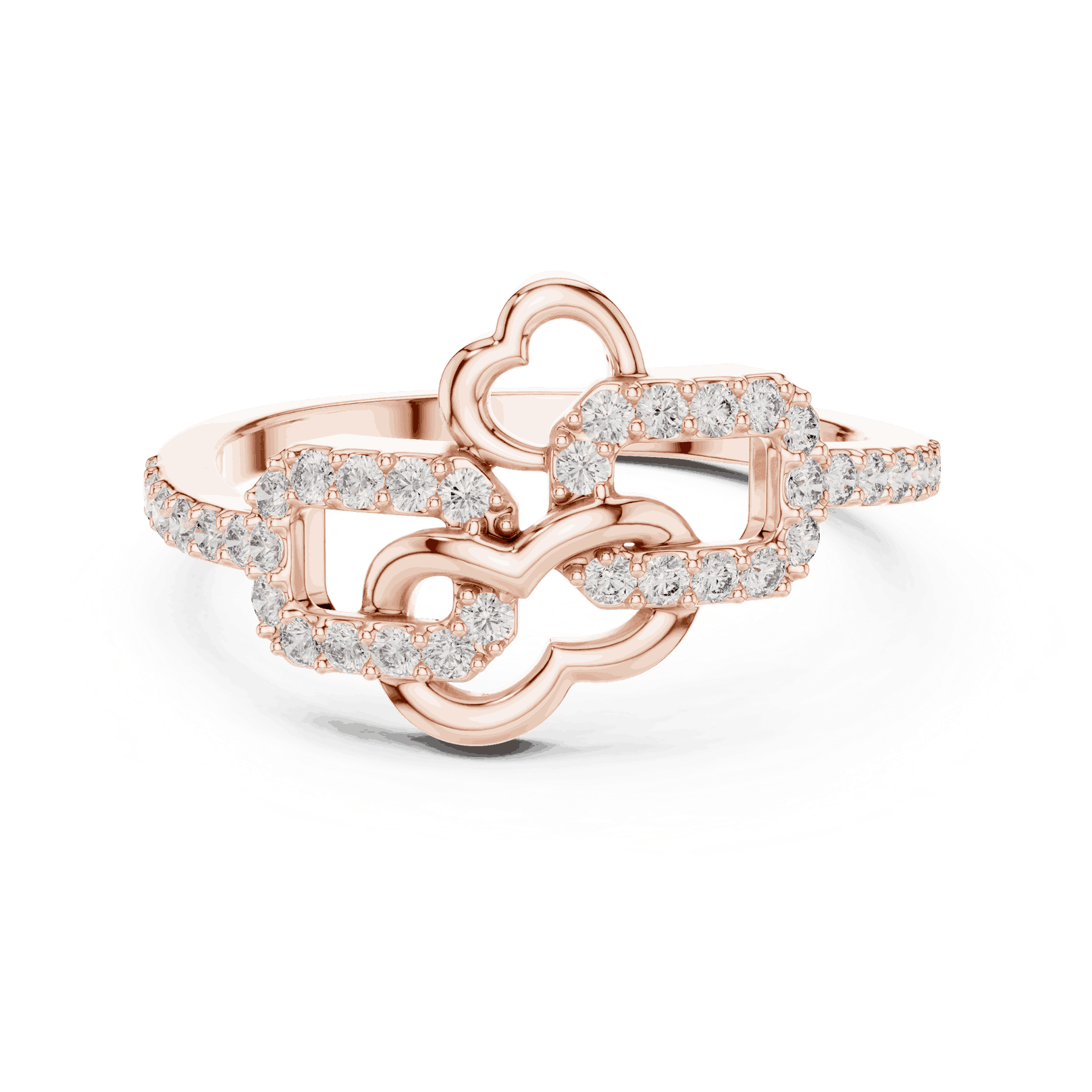 10K Rose Gold Diamond Ring featuring Heart Link Chain style with Polished finish for women - Perfect Gift for Her - Front View