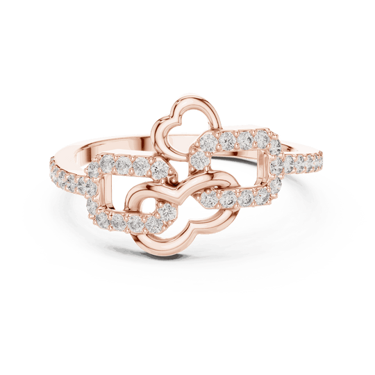 10K Rose Gold Diamond Ring featuring Heart Link Chain style with Polished finish for women - Perfect Gift for Her - Front View
