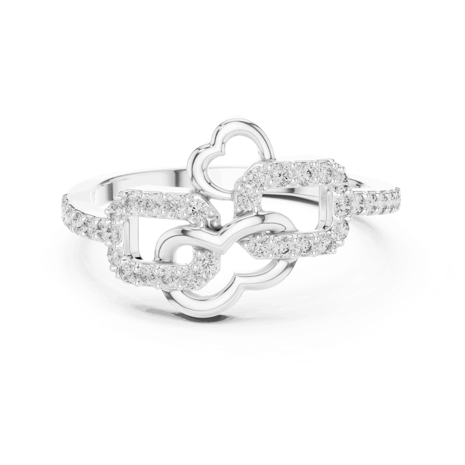 14K White Gold Diamond Ring featuring Heart Link Chain style with Polished finish for women - Perfect Gift for Her - Front View