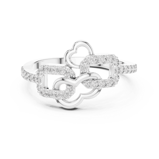 14K White Gold Diamond Ring featuring Heart Link Chain style with Polished finish for women - Perfect Gift for Her - Front View