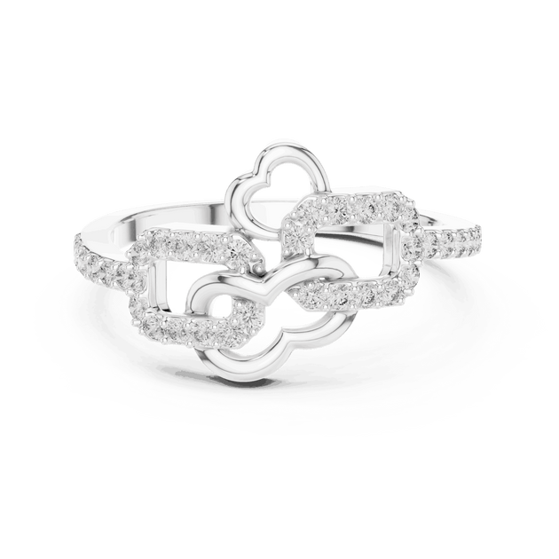 14K White Gold Diamond Ring featuring Heart Link Chain style with Polished finish for women - Perfect Gift for Her - Front View