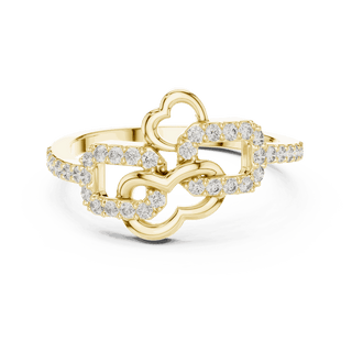 18K Yellow Gold Diamond Ring featuring Heart Link Chain style with Polished finish for women - Perfect Gift for Her - Front View