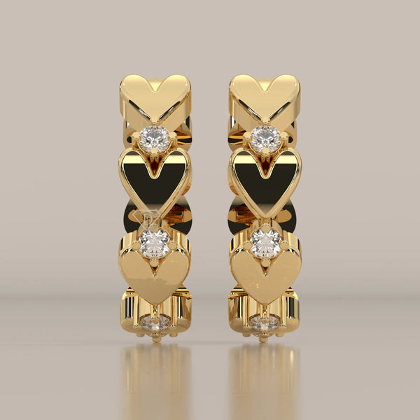 Front View: Heart Diamond Hoop Earrings with Prong Setting in Yellow Gold – Lab Grown – Driona Jewels