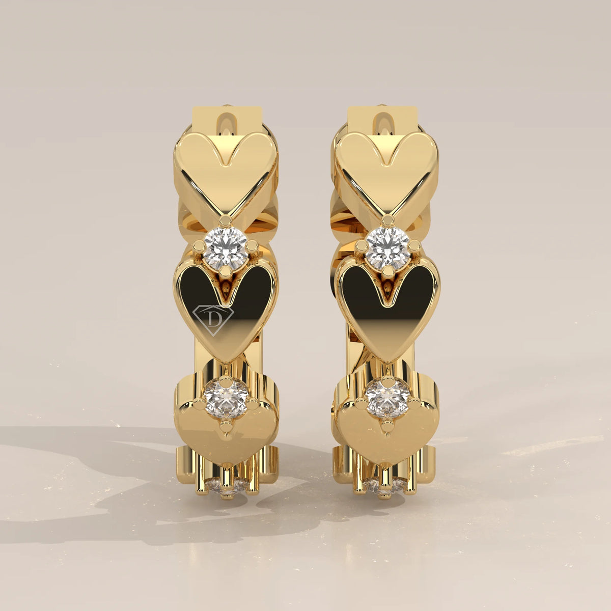 Pair Front View: Heart Diamond Hoop Earrings with Prong Setting in Yellow Gold – Lab Grown – Driona Jewels