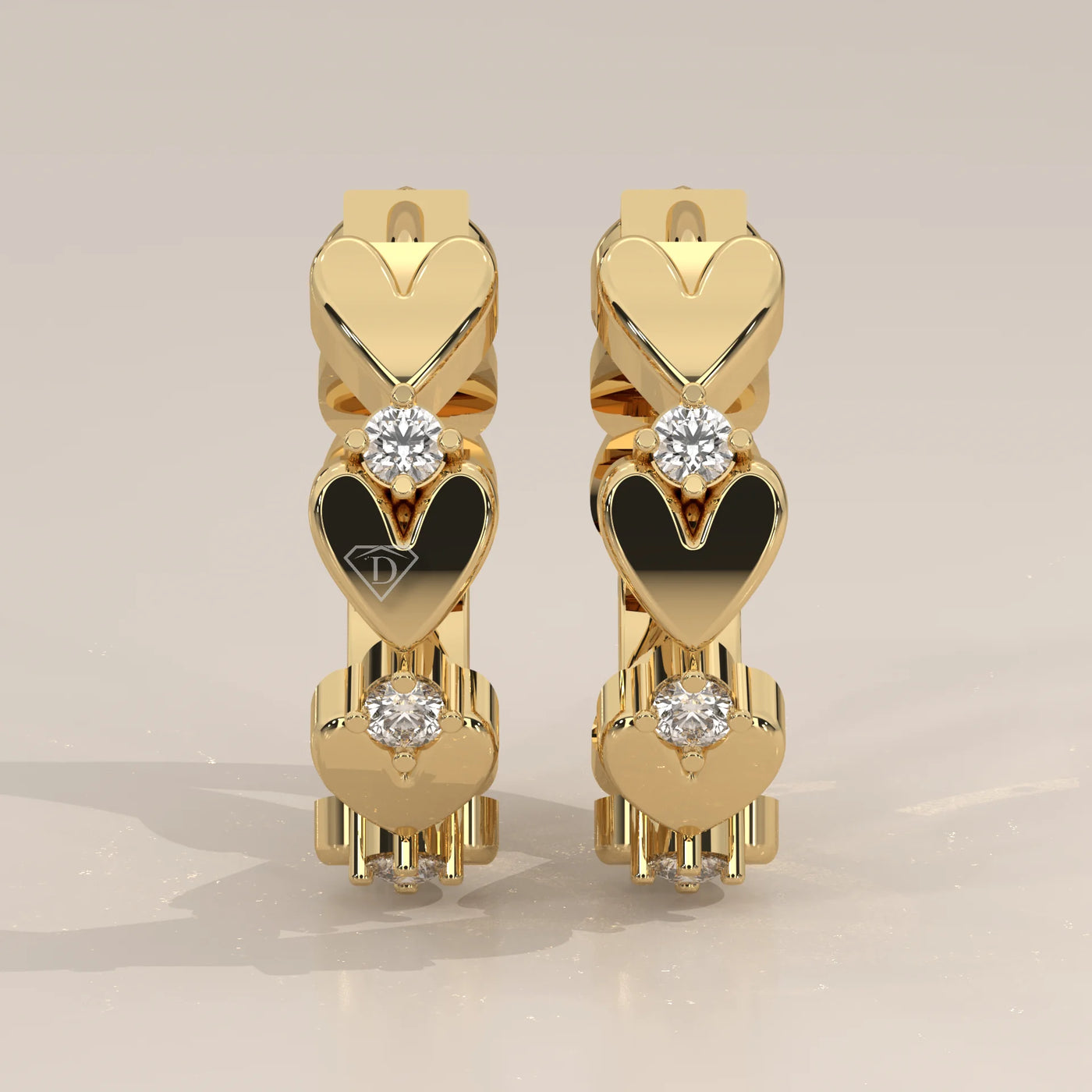 Pair Front View: Heart Diamond Hoop Earrings with Prong Setting in Yellow Gold – Lab Grown – Driona Jewels