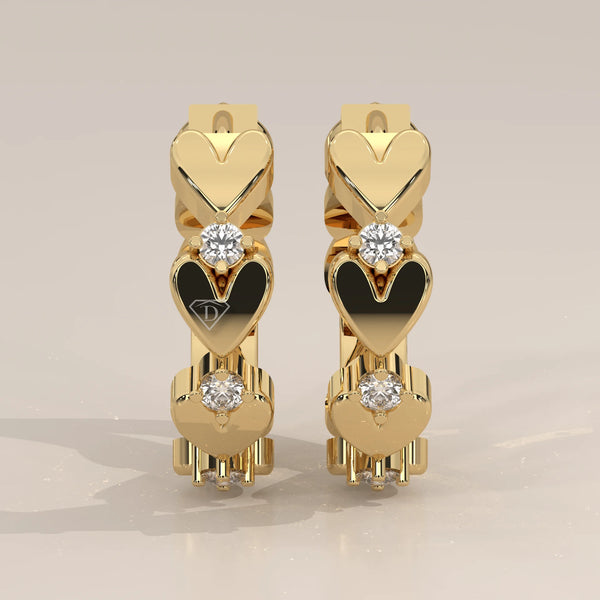 Pair Front View: Heart Diamond Hoop Earrings with Prong Setting in Yellow Gold – Lab Grown – Driona Jewels
