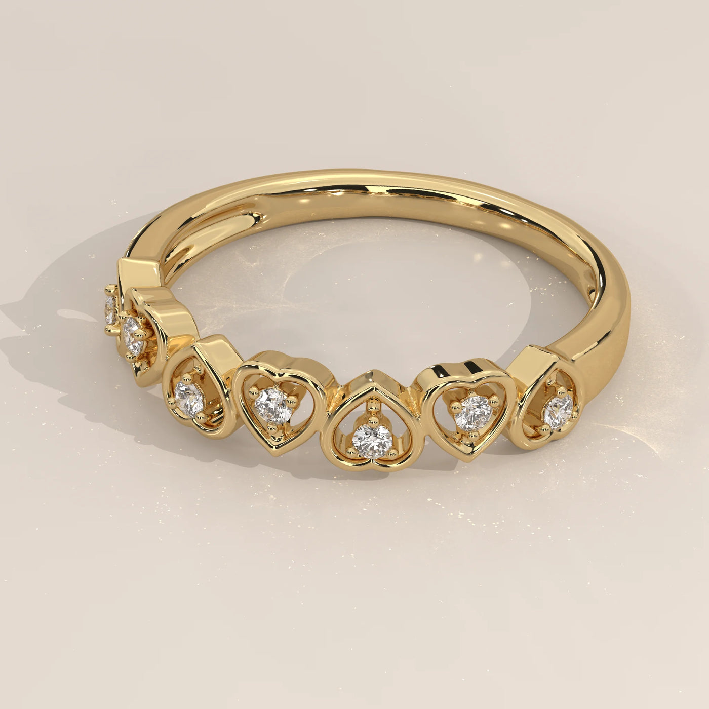Angle View: Heart Diamond Wedding Band with Prong Setting in Yellow Gold – Lab Grown – Driona Jewels