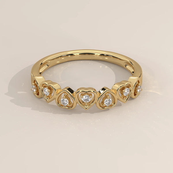 Three-Quarter View: Heart Diamond Wedding Band with Prong Setting in Yellow Gold – Lab Grown – Driona Jewels