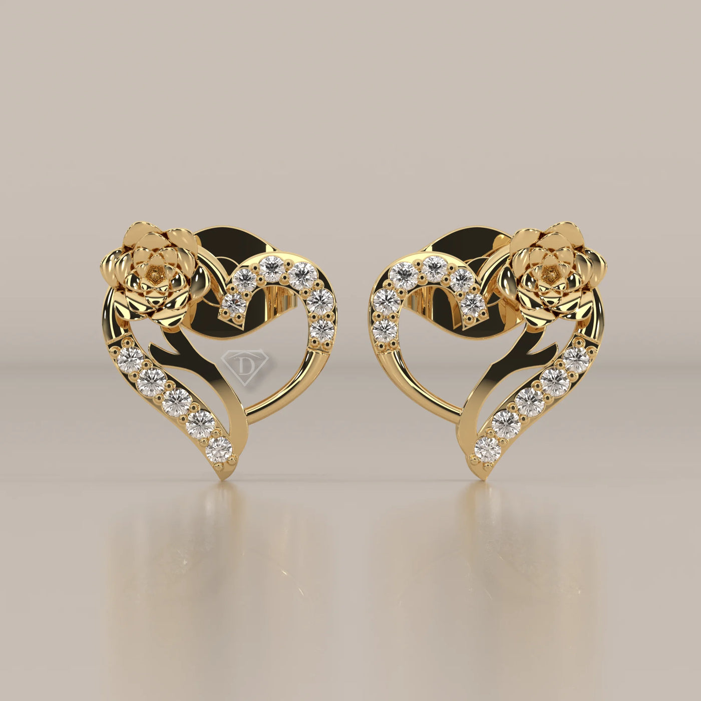 Front View: Heart Diamond Stud Earrings with Prong Setting in Yellow Gold – Lab Grown – Driona Jewels