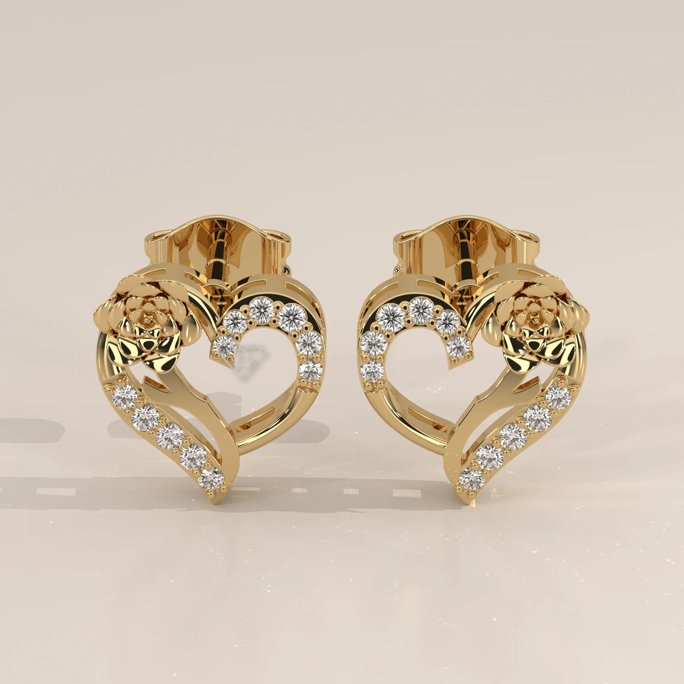 Pair Front View: Heart Diamond Stud Earrings with Prong Setting in Yellow Gold – Lab Grown – Driona Jewels
