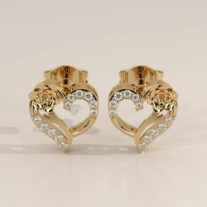 Pair Front View: Heart Diamond Stud Earrings with Prong Setting in Yellow Gold – Lab Grown – Driona Jewels