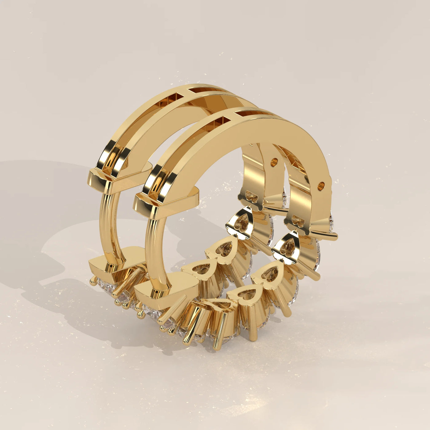 Angle View: Heart Diamond Hoop Earrings with Prong Setting in Yellow Gold – Lab Grown – Driona Jewels