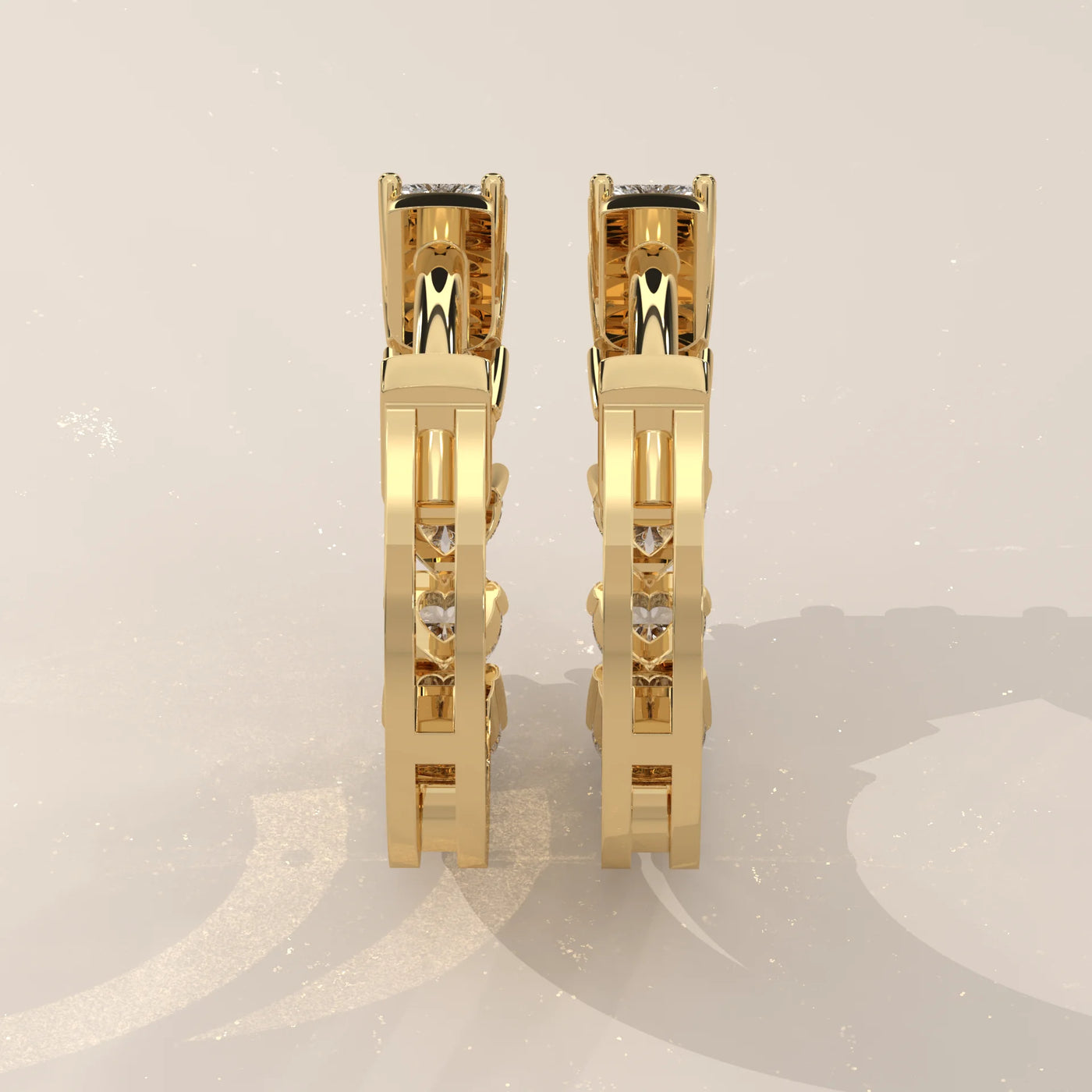 Back View: Heart Diamond Hoop Earrings with Prong Setting in Yellow Gold – Lab Grown – Driona Jewels