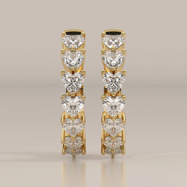 Front View: Heart Diamond Hoop Earrings with Prong Setting in Yellow Gold – Lab Grown – Driona Jewels