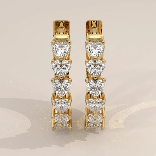 Pair Front View: Heart Diamond Hoop Earrings with Prong Setting in Yellow Gold – Lab Grown – Driona Jewels