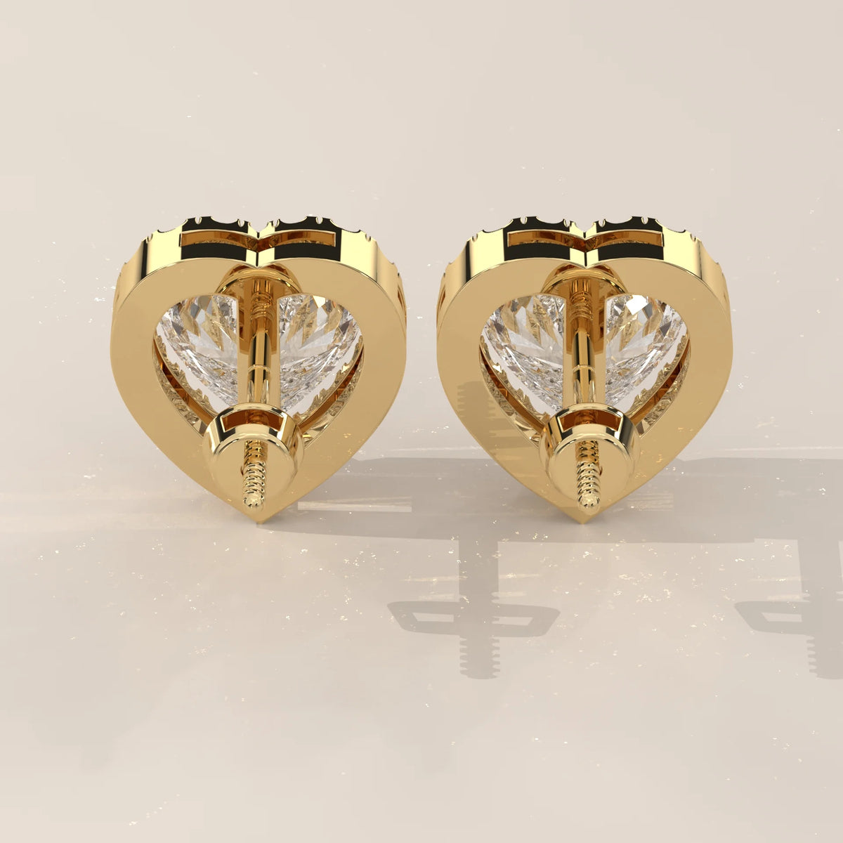 Heart Shape Halo Lab Grown Diamond Stud Earrings with Screw Backs in yellow gold, shown on a plain background.