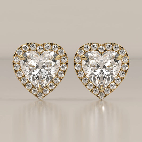 Heart Shape Halo Lab Grown Diamond Stud Earrings with Screw Backs in yellow gold, shown from the front.