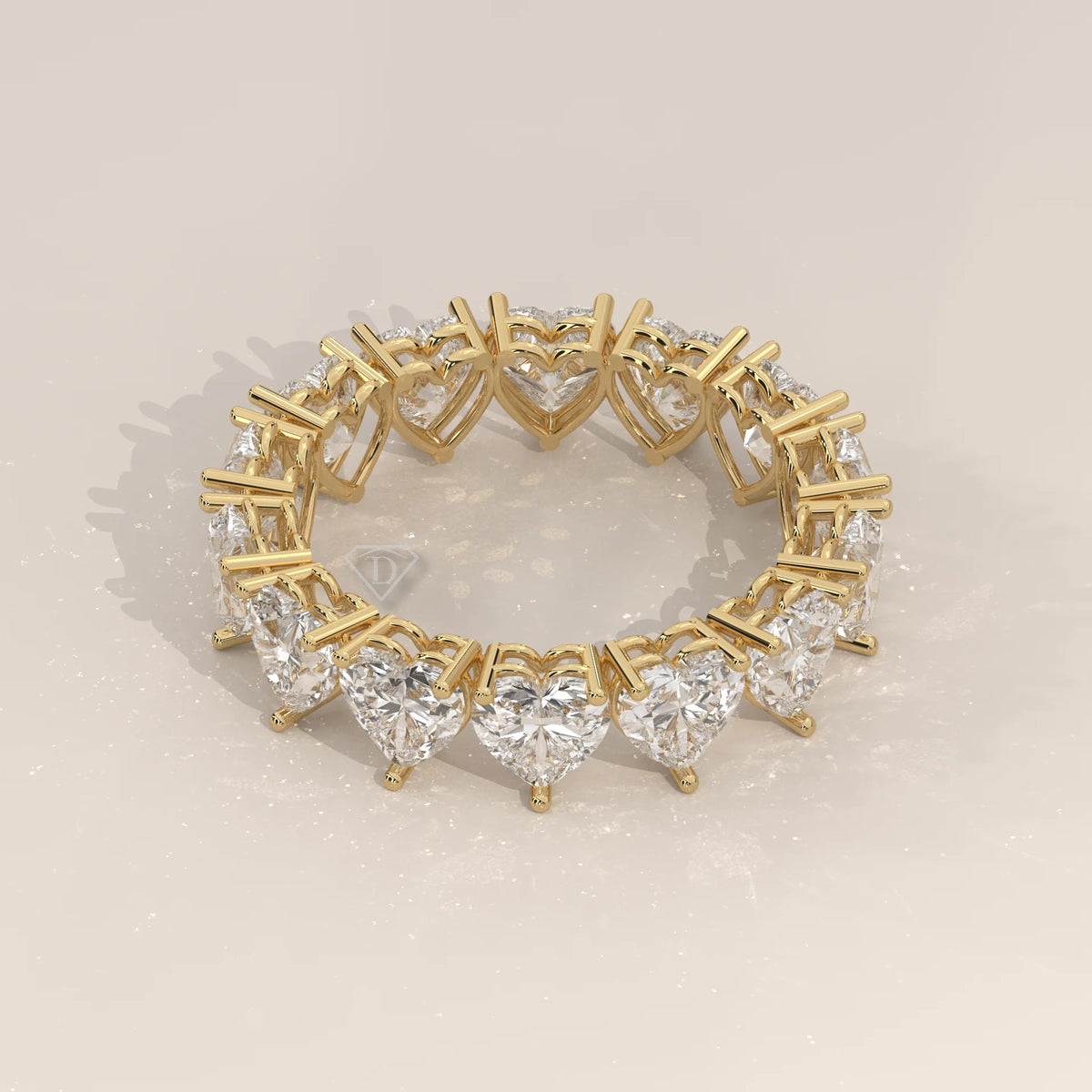 Heart Shaped Lab Grown Diamond Full Eternity Ring in Gold in yellow gold, shown on a plain background.