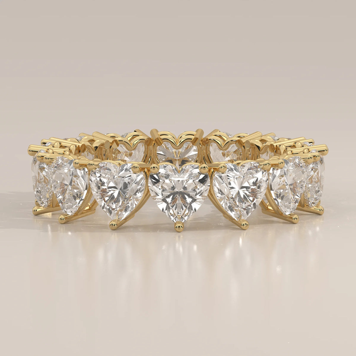 Heart Shaped Lab Grown Diamond Full Eternity Ring in Gold in yellow gold, photographed head-on.