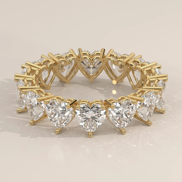 Heart Shaped Lab Grown Diamond Full Eternity Ring in Gold in yellow gold, shown from the front.