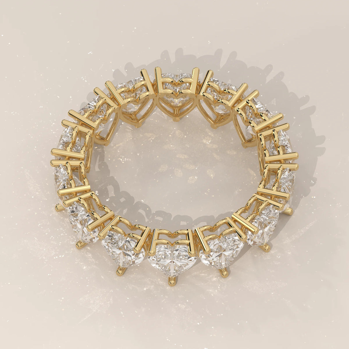 Heart Shaped Lab Grown Diamond Full Eternity Ring in Gold in yellow gold, product photograph on a plain background.