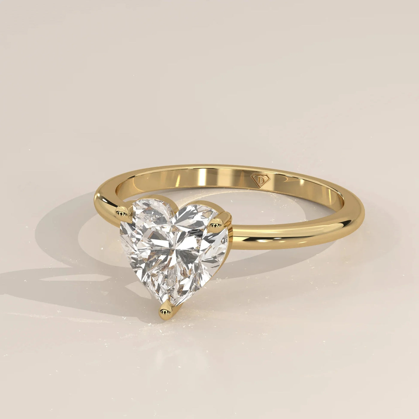 Angle View: Heart Diamond Ring with Solitaire Setting in Yellow Gold – Lab Grown – Driona Jewels