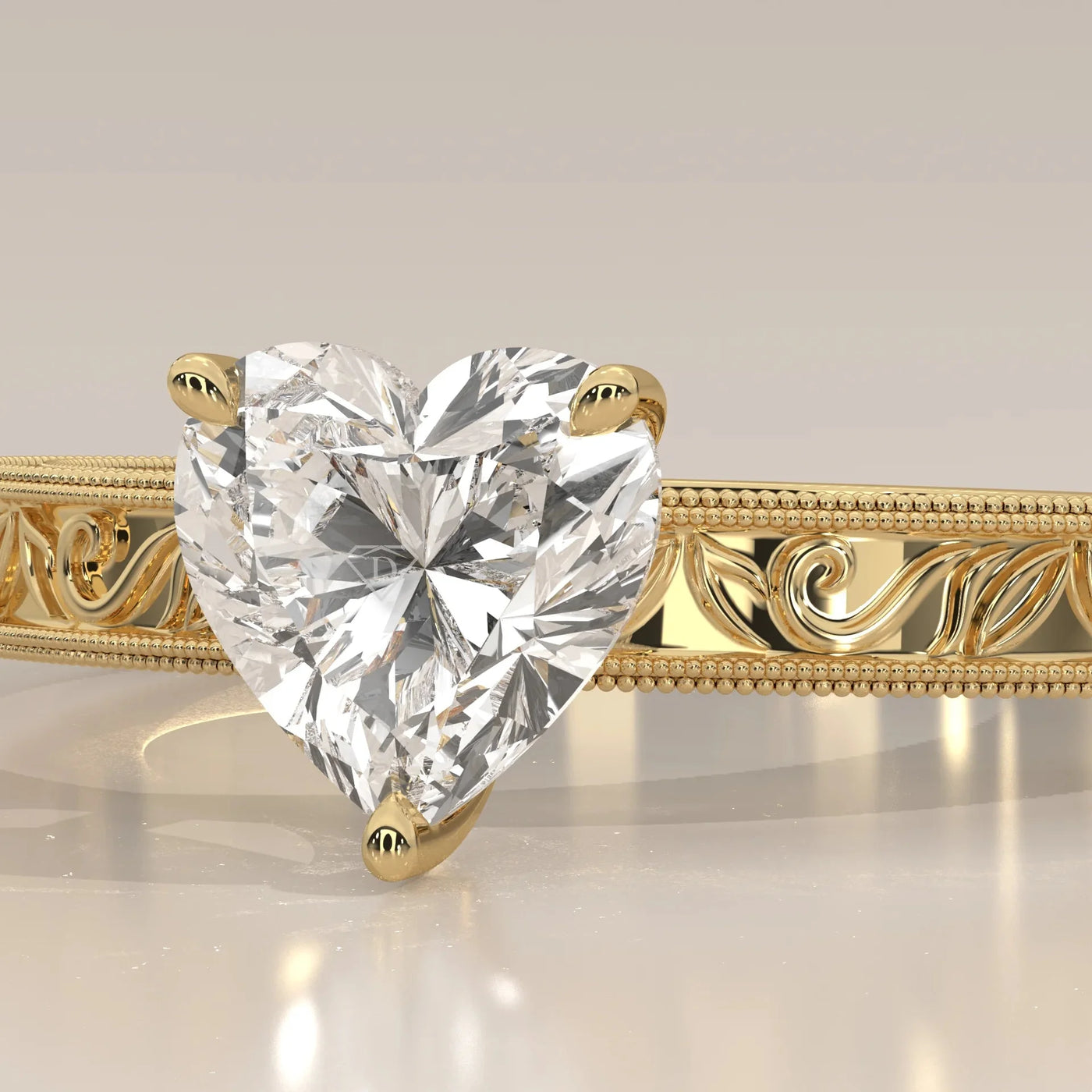 Close-Up: Heart Diamond Ring with Solitaire Setting in Yellow Gold – Lab Grown – Driona Jewels