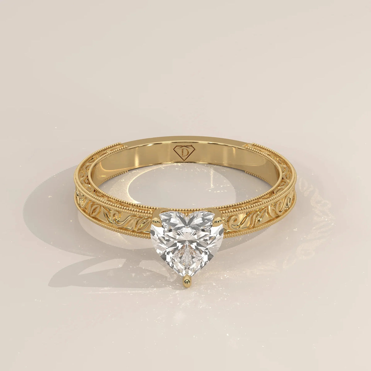 Front View: Heart Diamond Ring with Solitaire Setting in Yellow Gold – Lab Grown – Driona Jewels