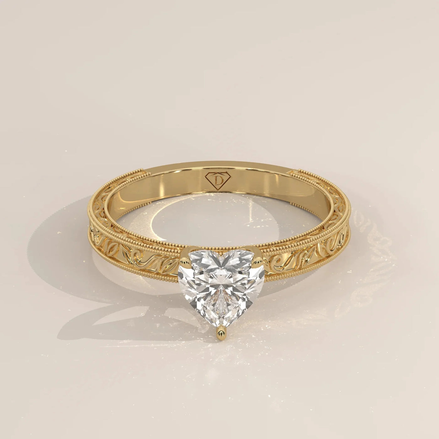 Front View: Heart Diamond Ring with Solitaire Setting in Yellow Gold – Lab Grown – Driona Jewels