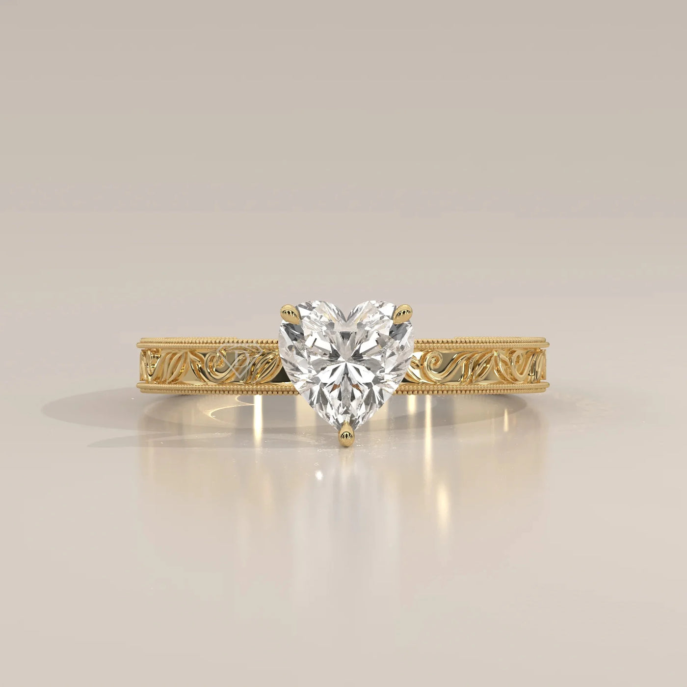 Front View: Heart Diamond Ring with Solitaire Setting in Yellow Gold – Lab Grown – Driona Jewels