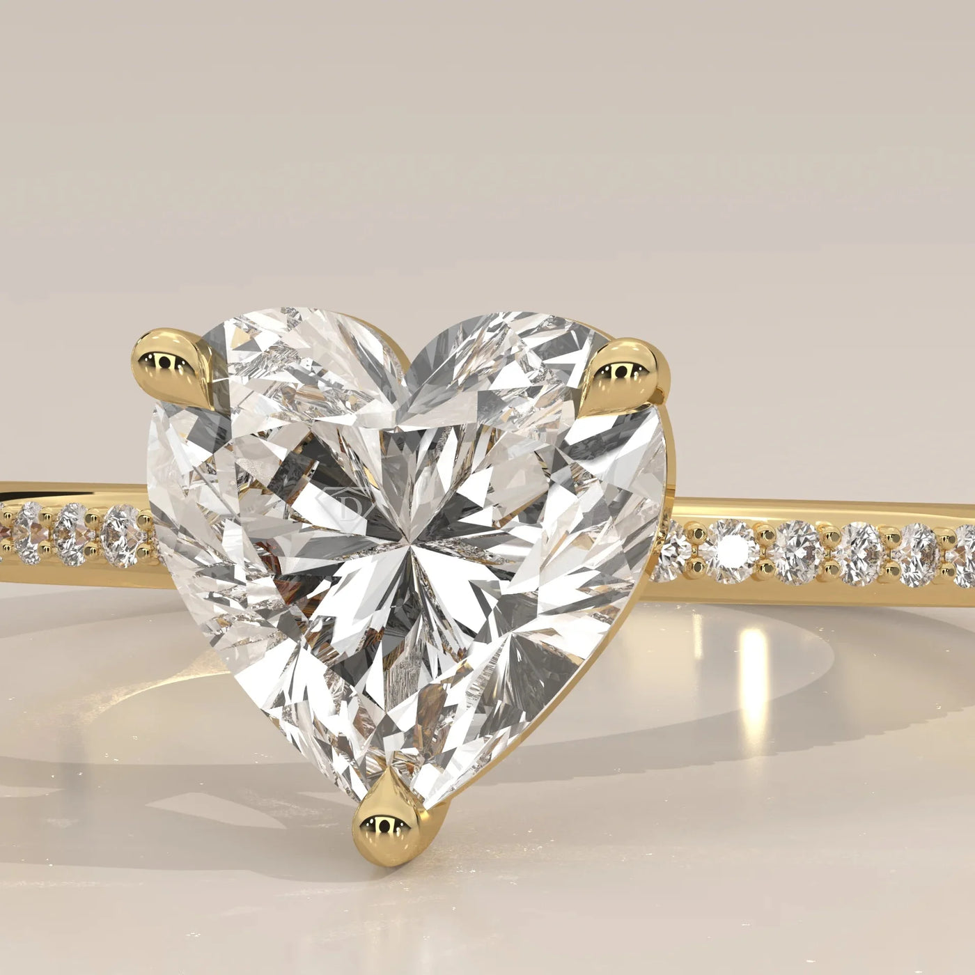 Front View: Heart Diamond Engagement Ring with Pavé Setting in Yellow Gold – Lab Grown – Driona Jewels