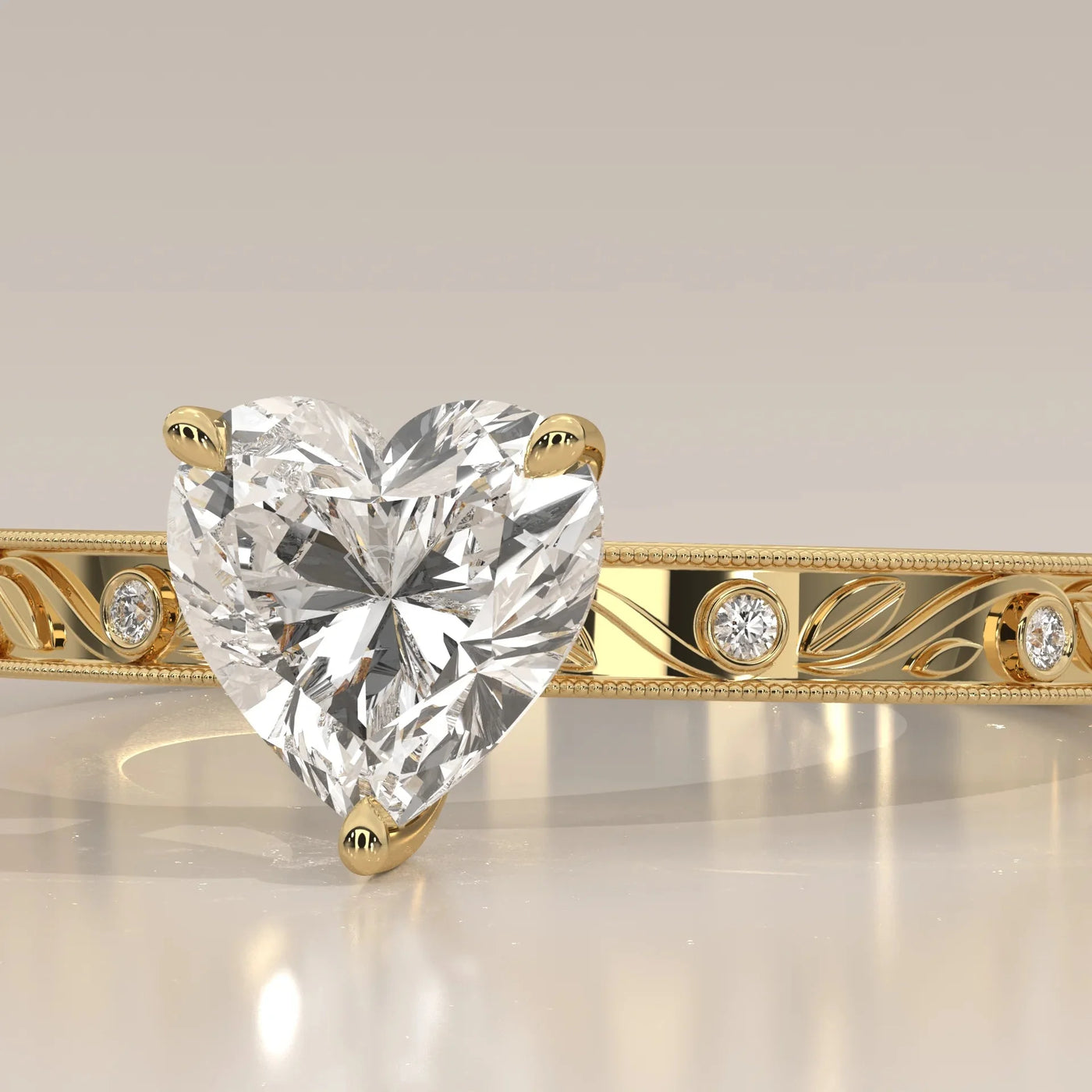 Close-Up: Heart Diamond Ring with Solitaire Setting in Yellow Gold – Lab Grown – Driona Jewels